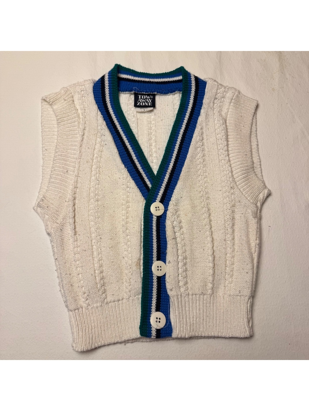 Vintage Kids Cable Knit Sweater Vest Tow Away Zone Cream Striped Trim Size 3 - Picture 2 of 6
